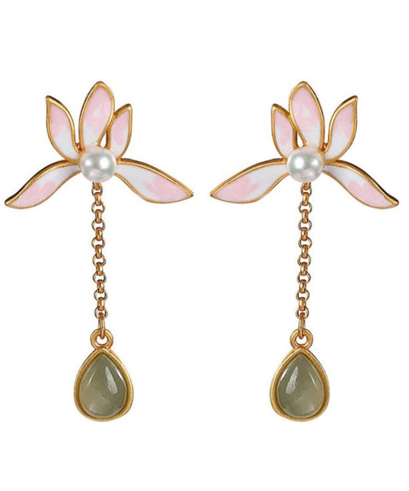 Pink Sterling Silver Overgild Inlaid Jade Drop Earrings