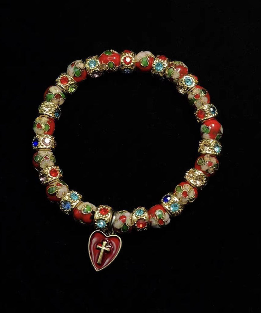 Red Acrylic Stringing Beads Zircon Alloy Charm Bracelet