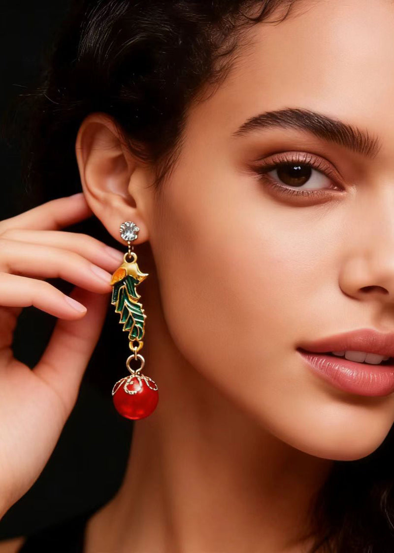 Red Pearl Cloisonne Gilding Drop Earrings