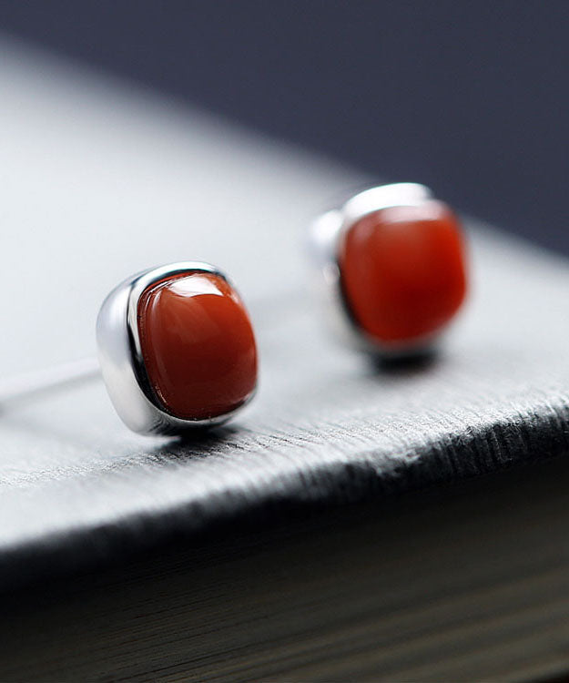 Red Sterling Silver Inlaid Agate Stud Earrings Tw1034