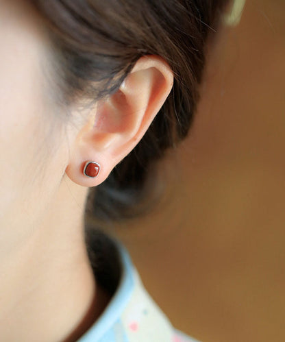 Red Sterling Silver Inlaid Agate Stud Earrings Tw1034