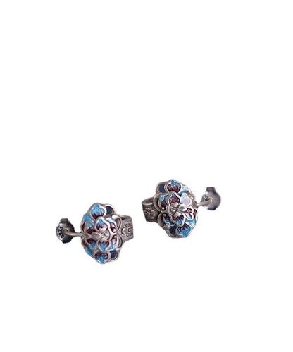 Silk Sterling Silver Cloisonne Peony Flower Stud Earrings