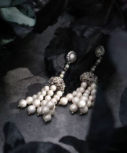 White Sterling Silver Pearl Tassel Drop Earrings