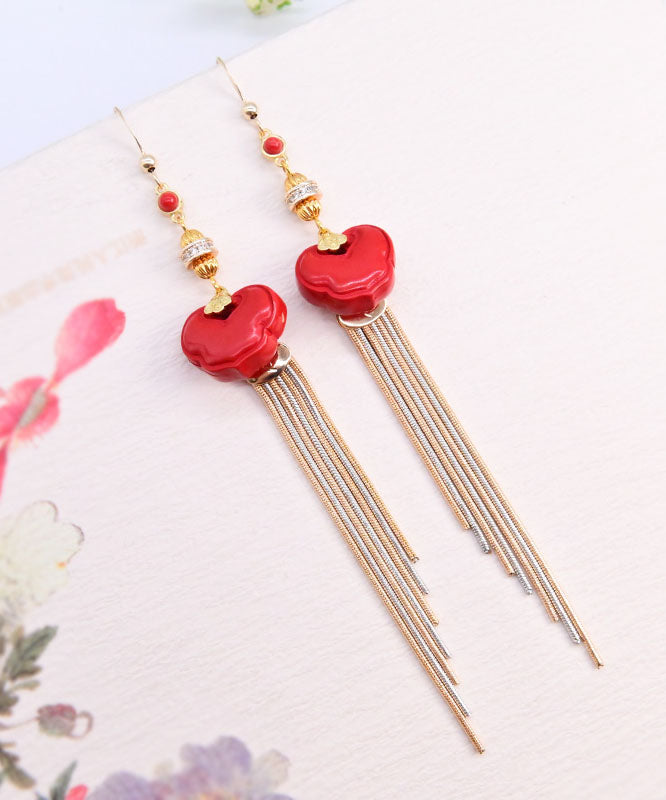 Vogue Red 14k Gold Cinnabar Ruyi Tassel Drop Earrings