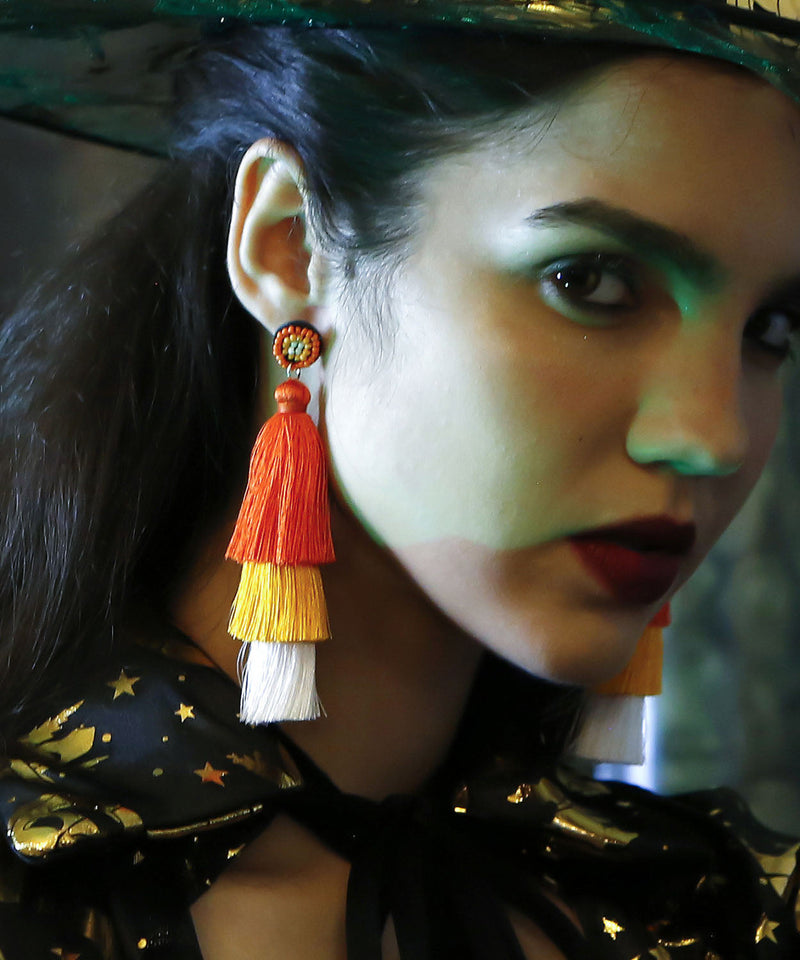 Black Rice Ball Silk Cotton Tassel Drop Earrings
