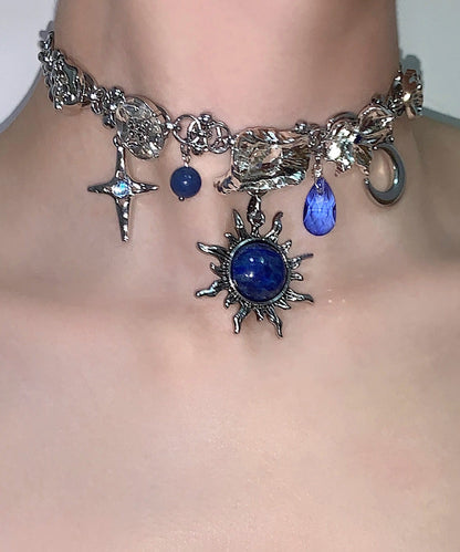 Blue Sun Zircon Moon Alloy Pendant Choker