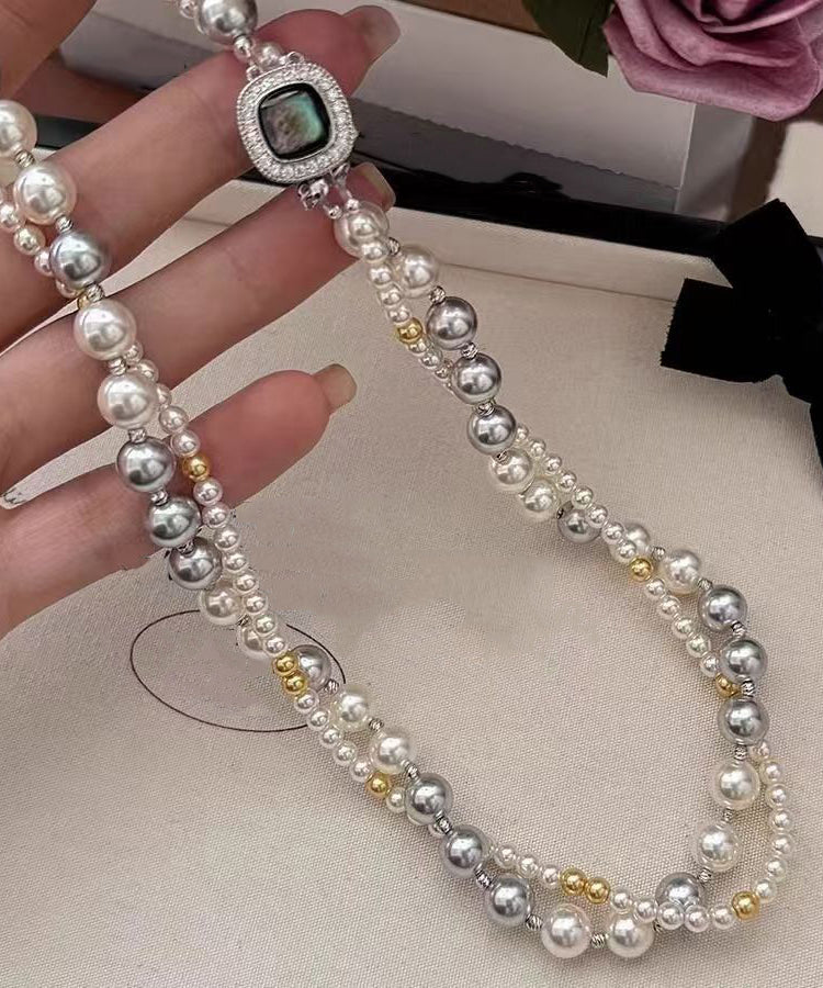 Colorblock Sterling Silver Zircon Double Layer Pearl Square Gratuated Bead Necklace Wq025