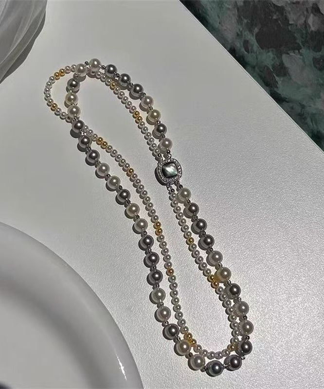 Colorblock Sterling Silver Zircon Double Layer Pearl Square Gratuated Bead Necklace Wq025