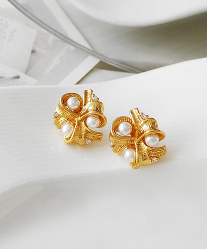 Gold Copper Pearl Glass Stud Earrings