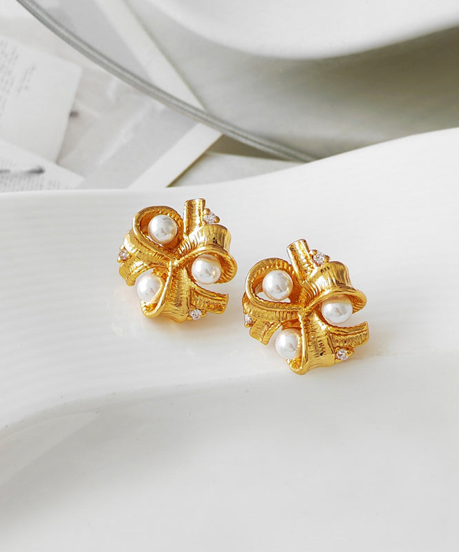Gold Copper Pearl Glass Stud Earrings