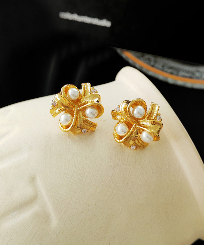 Gold Copper Pearl Glass Stud Earrings