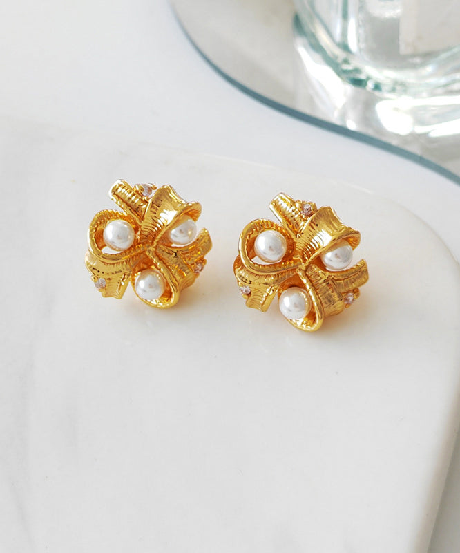 Gold Copper Pearl Glass Stud Earrings