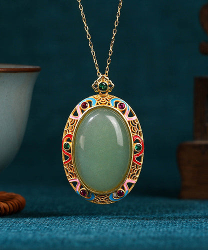 Gold Copper Overgild Jade Enamel Auspicious Clouds Pendant Necklace Kx1058