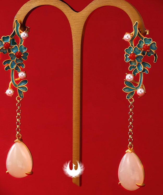 Gold Sterling Silver Jade Pearl Agate Tassel Drop Earrings