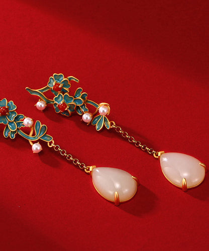 Gold Sterling Silver Jade Pearl Agate Tassel Drop Earrings