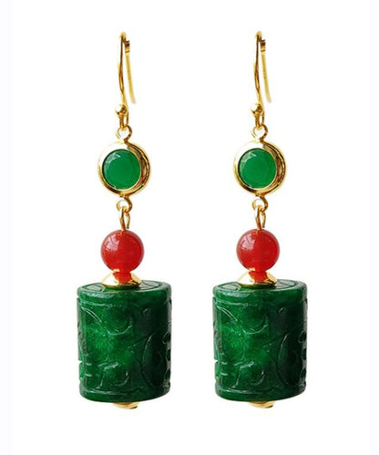 Green 14k Gold Dry Green Jade Agate Drop Earrings