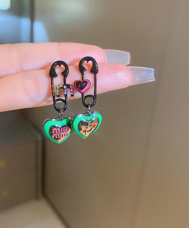Graphic Drip Love Glaze Drop Zircon Earrings Alloy Green