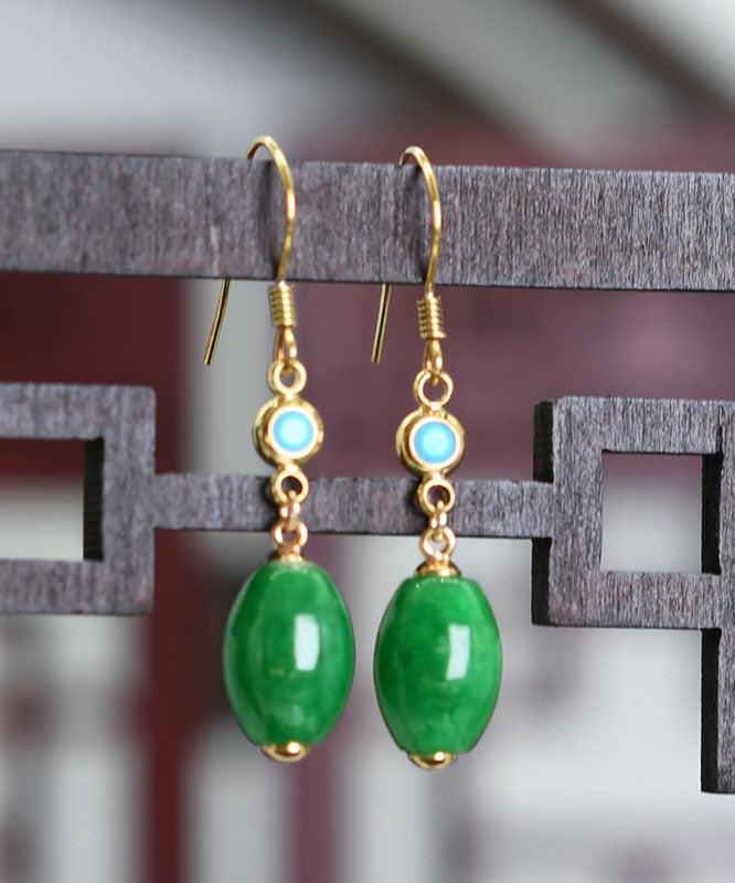 Green Sterling Silver Overgild Inlaid Jade Drop Earrings