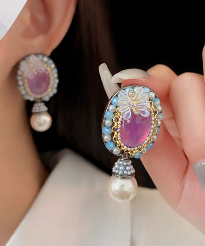 Purple Acrylic Alloy Crystal Pearl Resin Butterfly Stud Earrings