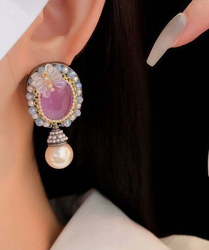 Purple Acrylic Alloy Crystal Pearl Resin Butterfly Stud Earrings