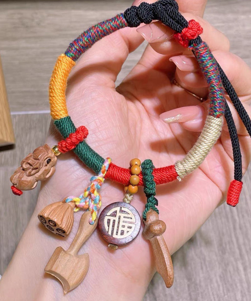 Rainbow Hand Woven Mahogany Tassel Charm Bracelet Kx1053