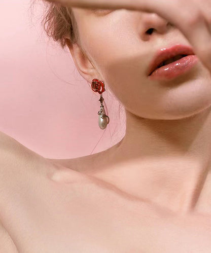 Red Sterling Silver Copper Overgild Pearl Rose Drop Earrings