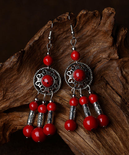 Red Stone Tibetan Style Silver Drop Earrings