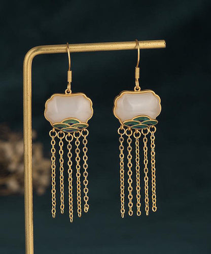 White Ancient Gold Inlaid Jade Enamel Tassel Drop Earrings