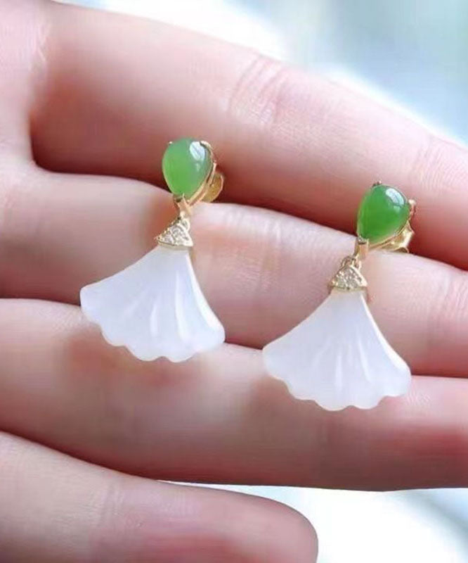 White Sterling Silver Inlaid Jade Fan Shaped Drop Earrings