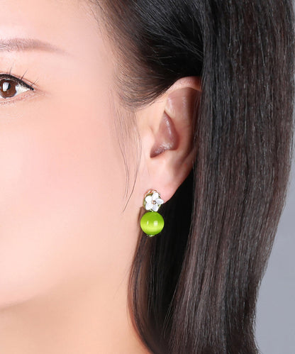 Yellow Green Shell Flower Cymophanite Drop Earrings