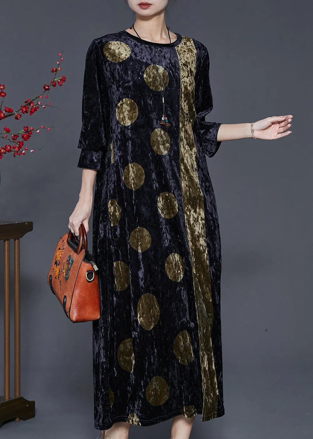 Organic Black Oversized Print Silk Velour Dress Spring