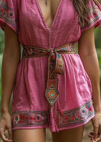 -pink-v-neck-lace-up-patchwork-cotton-mid-dresses-summer