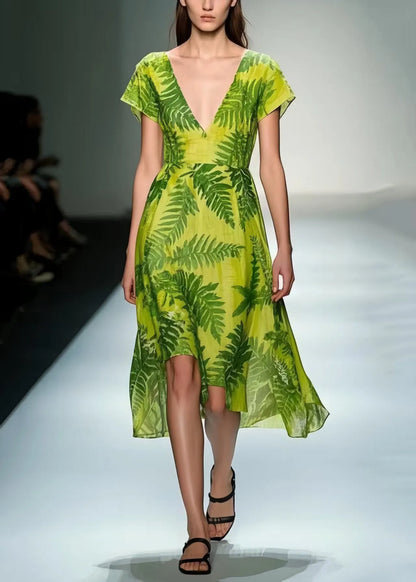 Organic Grass Green V Neck Leaf Print Cotton Tea Dress Summer