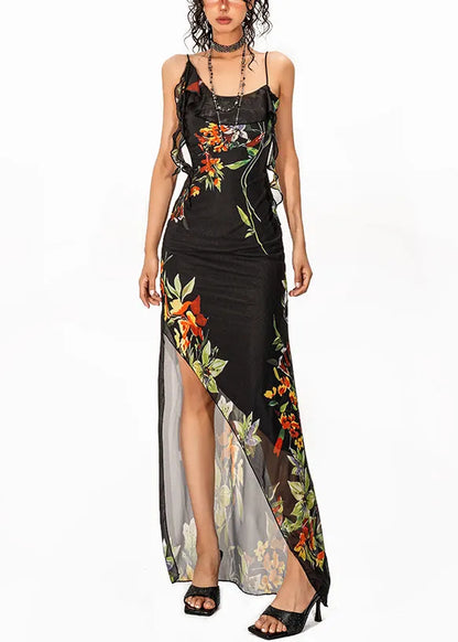 Dinner Black Print Side Open Tulle Long Spaghetti Strap Dress Sleeveless