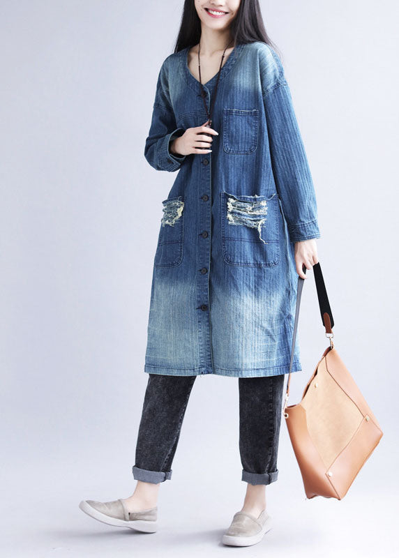 Blue V Neck Ripped Pockets Print Cotton Denim Trench Spring