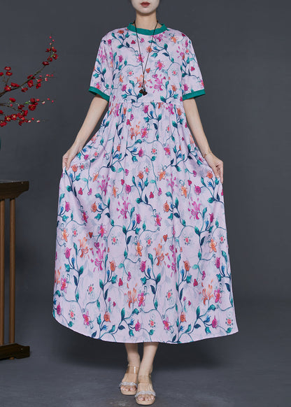 Pink Stand Collar Print Silk Long Dress Summer