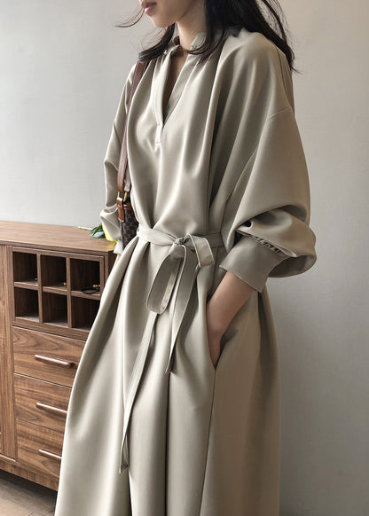 Apricot V Neck Tie Waist Cotton Long Dress Fall