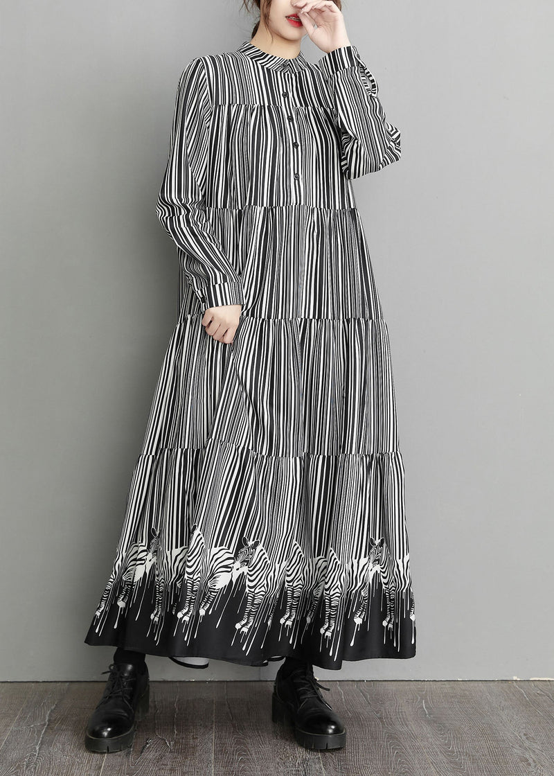 Black Peter Pan Collar Striped Patchwork Dress Spring