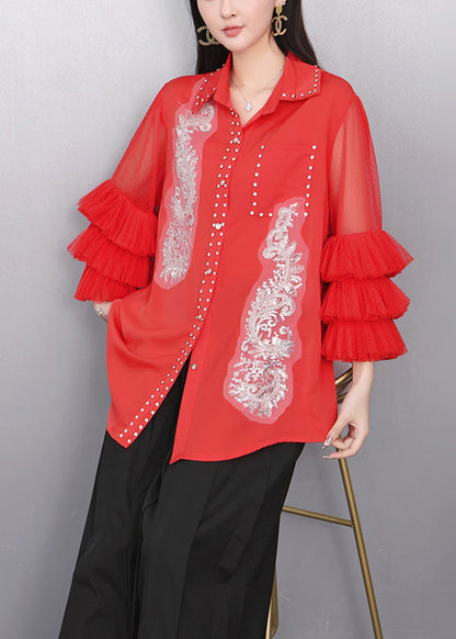 Red Embroidered Chiffon Top Flare Sleeve