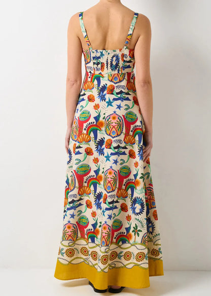 Unique Square Collar Print Cotton Spaghetti Strap Dress Summer