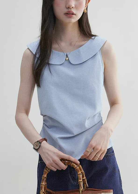 Blue Peter Pan Collar Plaid Cotton Shirt Sleeveless