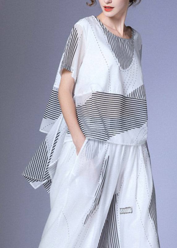 White O-neck Asymmetrical Silk T Shirt Summer