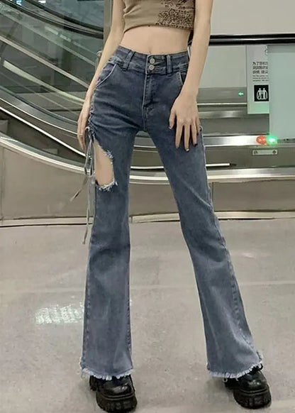 Modern Blue Hole Cinched High Waist Denim Pants Spring