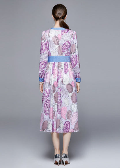 Light Purple V Neck Patchwork Print Cinch Dress Long Sleeve