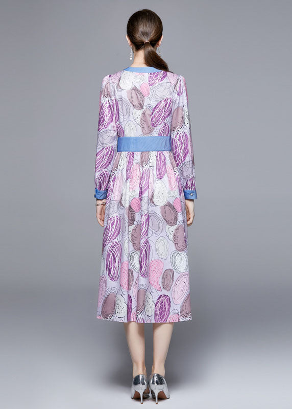 Light Purple V Neck Patchwork Print Cinch Dress Long Sleeve
