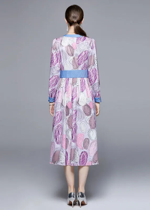 Light Purple V Neck Patchwork Print Cinch Dress Long Sleeve