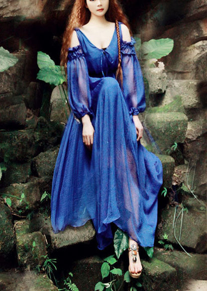 Blue V Neck Cold Shoulder Silk Maxi Dresses Puff Sleeve
