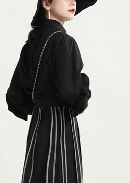 Fitted Black Button Ruffled Asymmetrical Shirt Tops Spring