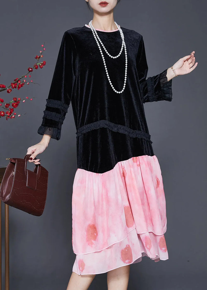 Unique Black Ruffled Patchwork Silk Velour Dress Spring