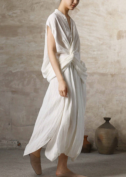 Beige Wrinkled Pockets Linen Two Pieces Set Summer